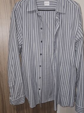 Armani Collezioni Light Gray and Navy Vertical Stripe Button-Down Shirt XL